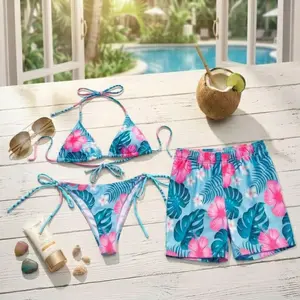 Summer 2026 Couple Beach Set, Blue Pink Hibiscus Tropical Bikini and Matching Hawaiian Shorts