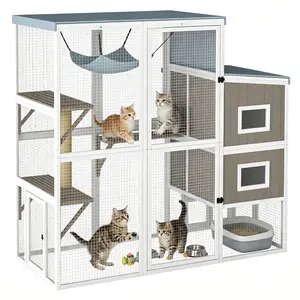75in Large Wooden Outdoor Cat Catio, 3-Tier Multi-Level Cat Enclosure with Hammock, Scratching Post, Weatherproof Waterproof Roof, Multi Access Doors & Expandable Modular Design for 2-4 Cats