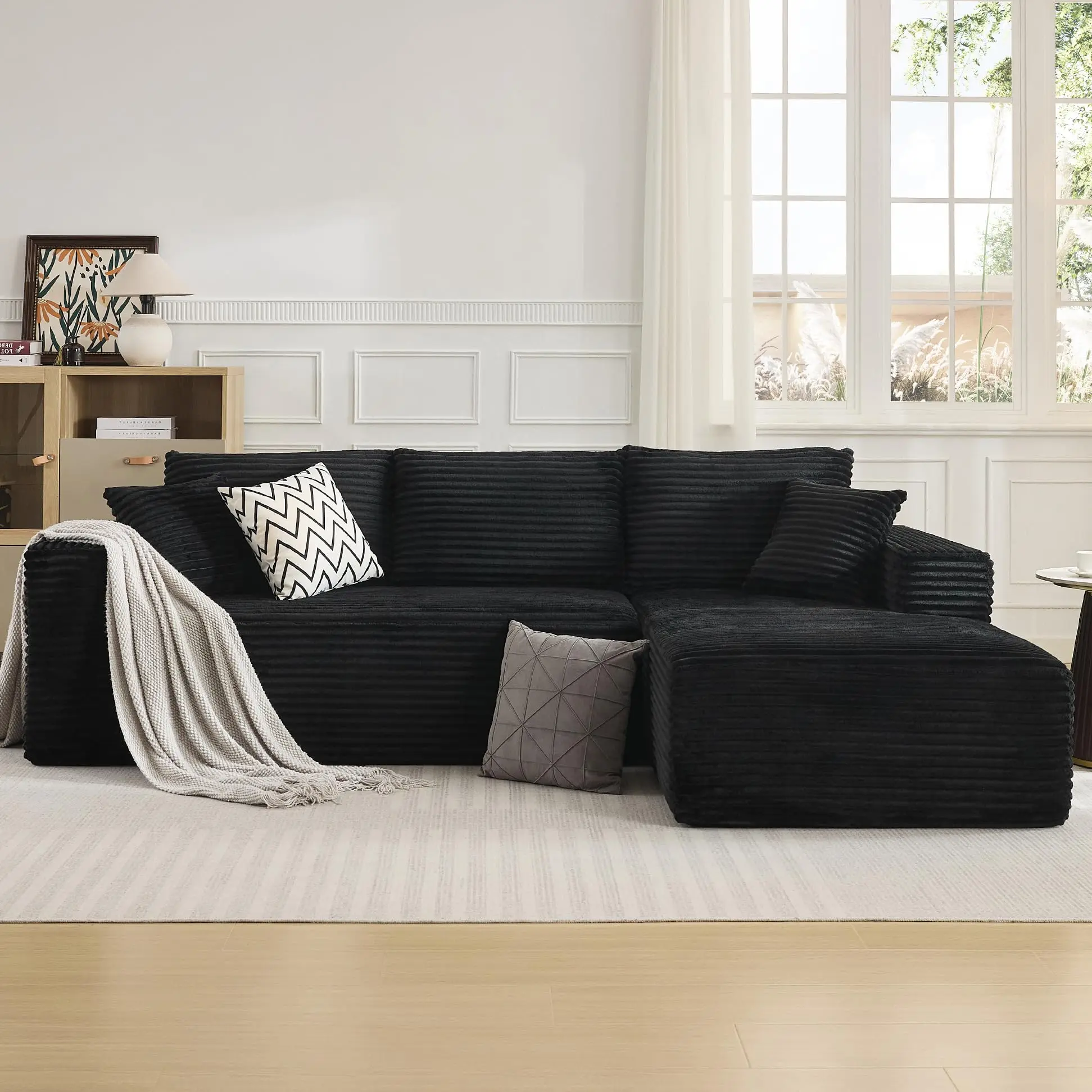 108-in Corduroy Black Cloud Modular Sectional Couch - 2-Seater with Right-Facing Chaise, Extra Deep Seats, Fully Assembled, Removable Pillows, Easy-Clean Covers, Customizable Layout, Active Households Bedroom/Movie Nights Living Room Set