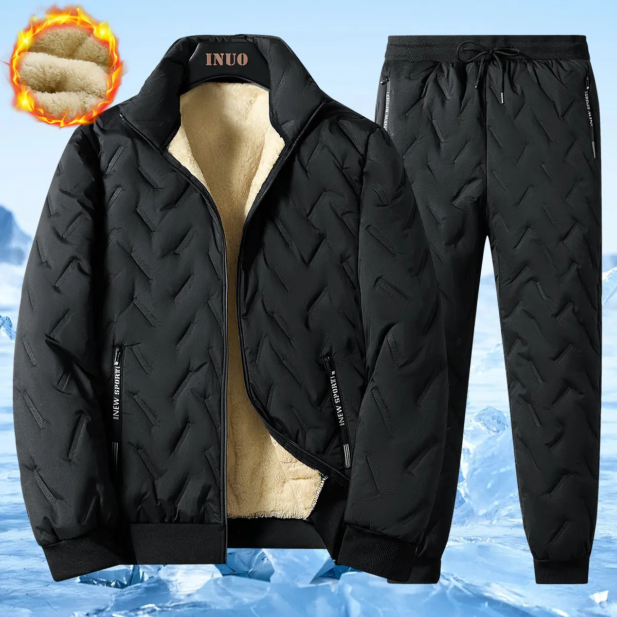 Men’s winter jacket, fleece windproof thick padded jacket, loose fit for warmth, two-piece set, fashionable men’s two-piece outfit, 2-piece menswear
