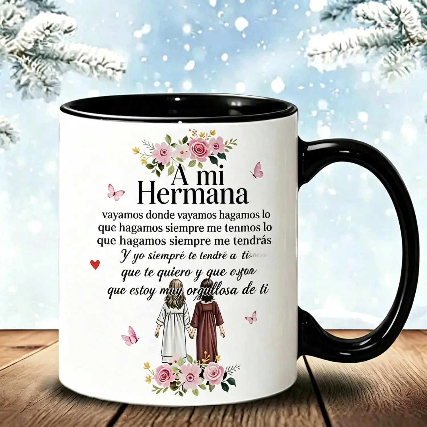 Spanish Sister Mug "A Mi Hermana" - Ceramic Cup with Rim & Spanish Text, Floral Butterfly Sister Gift Suitable for Birthdays, Christmas, Hispanic Family Present for Sister, Easter, Thanksgiving Gifts