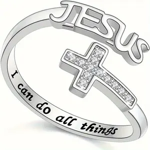 "I Can Do All Things" Cross Ring for Women - Philippians 4:13 Bible Verse Engraved Faith Jewelry, Glass Crystal Inlaid Zinc Alloy Band Adjustable Size, Religious Gift for Teens & Ladies, Minimalist Christian Accessory