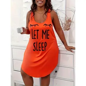 Plus Size Womens Cozy Casual Sleep Dress - Soft Slight Stretch Polyester Racer Back Tank Nightdress with Alphabets Print, Collar Fabric Loungewear Nightwear Womenswear Spandex Homewear Sleeveless