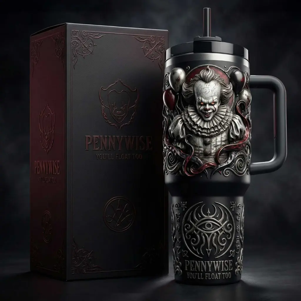 Pennywise IT 40oz Tumbler With Handle, Horror Movie Vacuum Insulated Stainless Steel Travel Mug Collector Gift, Halloween Theme Tumbler