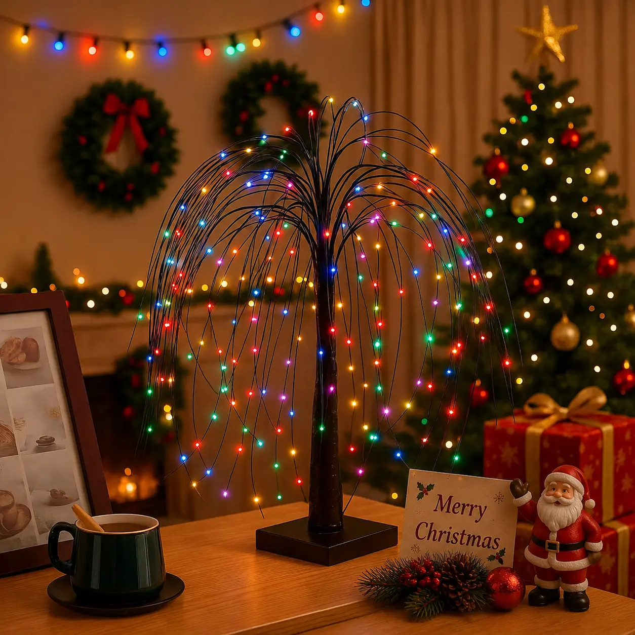 Christmas Willow Tree Lights, 192 LED Christmas Willow Tree Holiday Decoration, Horror Desktop Decorations, Powered by USB or Battery, Indoor Family Party Decor, Perfect for Christmas Home Festive Display