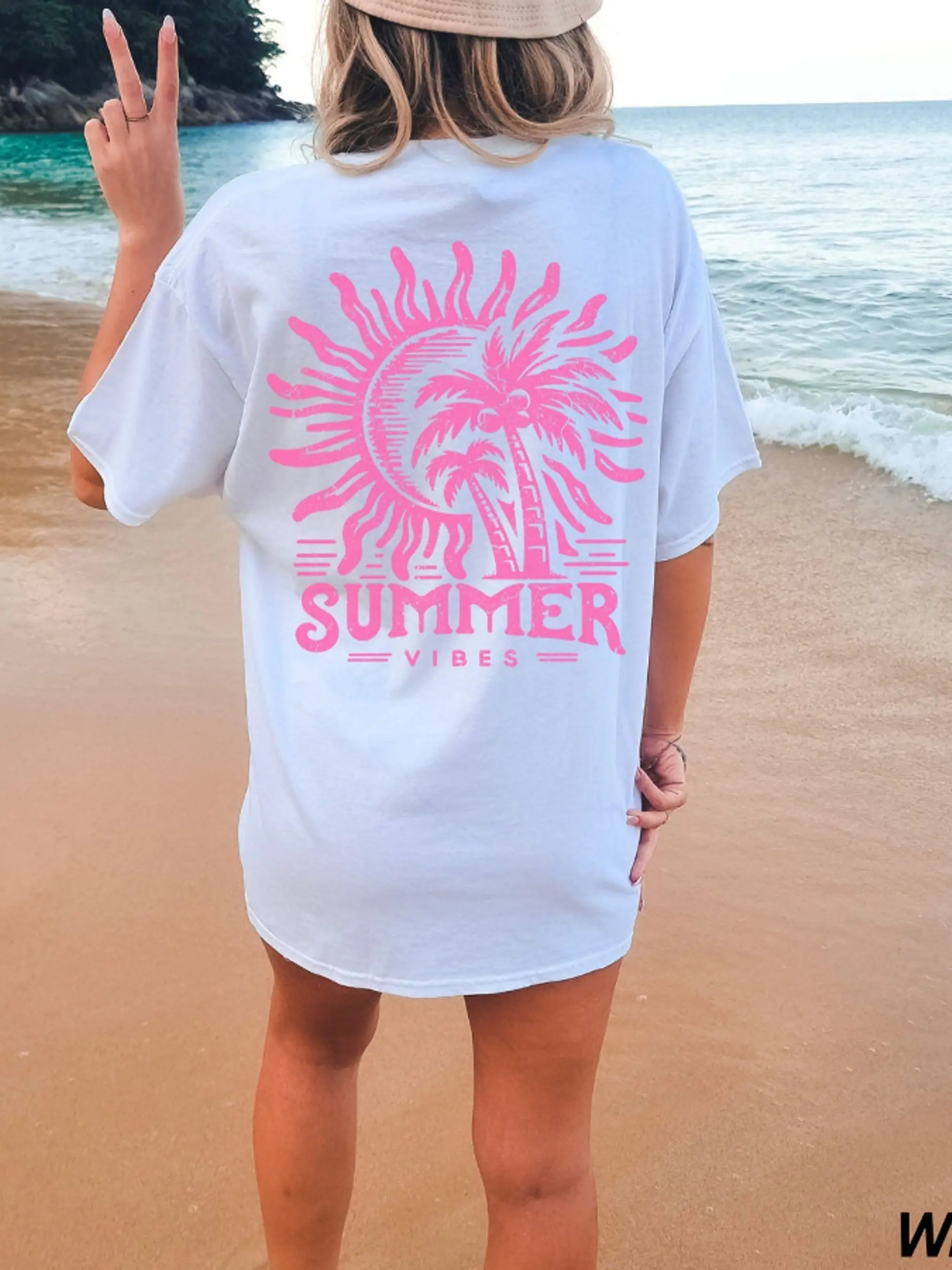 Plus Size, Summer vibe shirt, stylish summer shirt, retro beach vibe, comfortable color T-shirt with letter pattern, trendy short-sleeve tee, regular round neck, pure Cotton breathable fabric