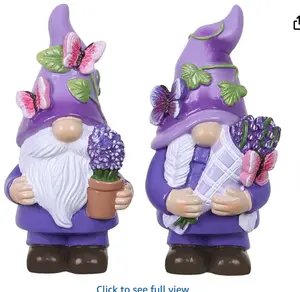 MEETYAMOR Lavender Gnomes Figurines, Set of 2 Purple Resin Gnomes with Butterfly Lavender for Spring Decor, Summer Gnome Garden Decor for Home Indoor Outdoor Table Mantle Decorations