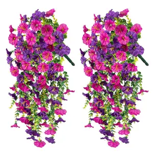 2 PCS Artificial Fake Hanging Flowers Plants for Outdoor Spring Decoration,Hanging Dendrobium Orchid Purple Flowers- Resistant Realistic Morning Glory Trailing Vines for Home Porch Patio Balcony