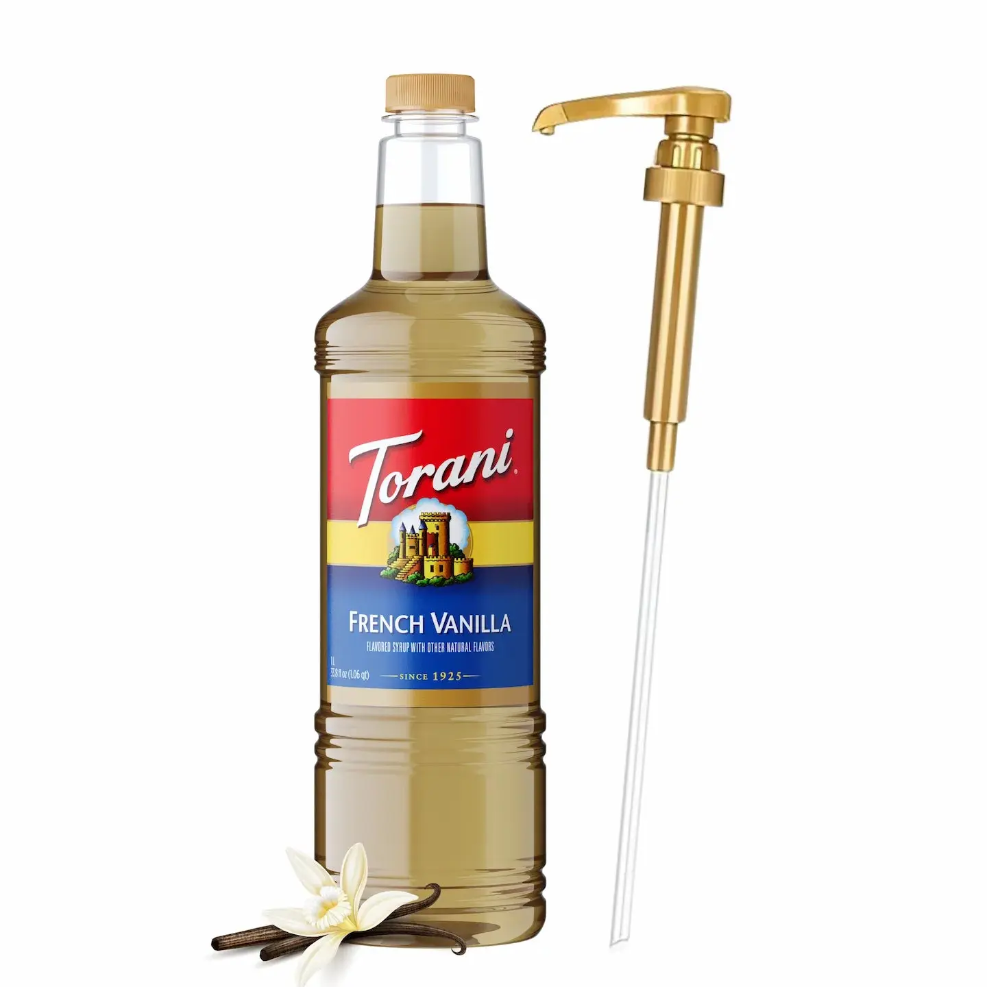 Torani French Vanilla Syrup, 1L Bottle with Pump - Natural, Sweet Vegan Beverage Syrup