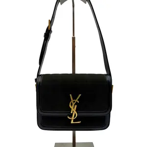 Pre-owned Yves Saint Laurent YSL Saint Laurent Solferino Black Quilted Suede Shoulder Bag Gold Logo Designer