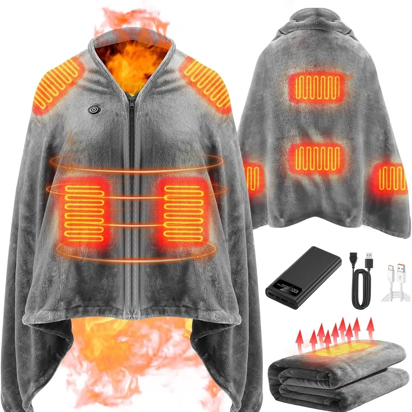 Multifunctional Portable Wearable Heated Shawl Blanket (Shawl Shape) with 20000mAh Battery & USB Plug, 63"x33.5" Soft Fleece Flannel Sherpa, 15s Fast Heating, 3 Temp Levels, Machine Washable for Camping, Office Nap - Mother’s Day Gift, Multifunctional Bla