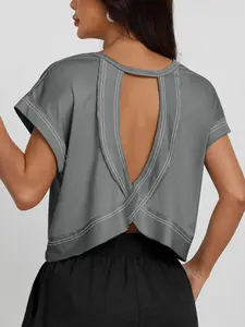 Women's Spring Summer Back Cutout Criss Cross Design Elastic Drop Shoulder Top, Hollow Back Activewear Sports Tops Casual Short Sleeve Fitted Tee for Gym Outdoor Running