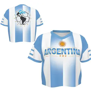 Women's Argentina Croptop Baseball Jersey, 2026 World Cup V-neck Jersey for Argentinian Soccer Fan, Argentine-Style Blue and White Stripes Jersey