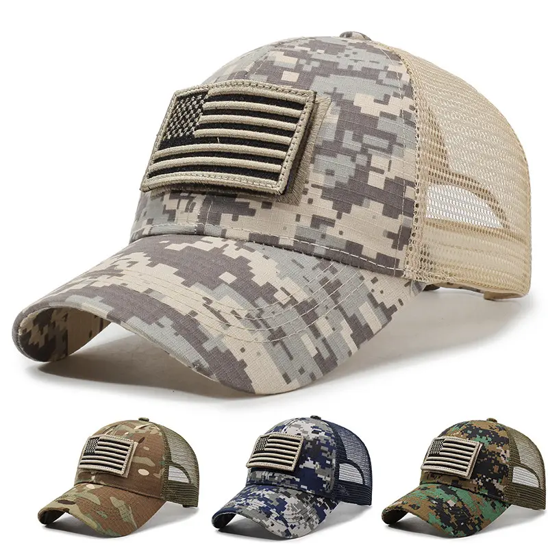 Men’s Tactical Military Patch Trucker Hiking Hat - Embroidered US Flag, Camouflage Print, Adjustable Size, Mesh Breathable, Sun Protection for Outdoor Sports, Casual Wear, Mens Hats, Camo Trucker Cap, Sports Outdoor Hats