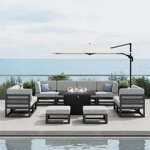 LayinSun Large Aluminum Patio Furniture Set with Fire Pit Table, 11 Piece Modern Outdoor Conversation Set Sectional Metal Sofa Set with Olefin Cushion