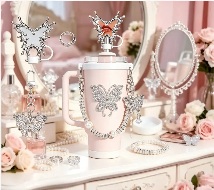 Rhinestone Butterfly tumbler Cup Accessories Set for 30oz-40oz Tumblers - Bling Straw Topper, Pearl Cup Chain, Butterfly Charm, Silicone Boot & Stickers