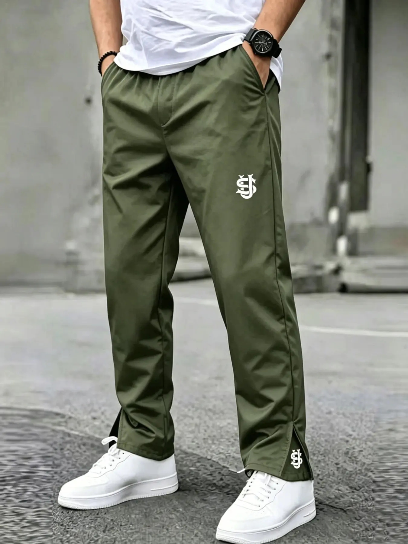 Men's Casual Comfy Fit Sporty Activewear Sportswear Zipper Embroidered Pants, Loose-Fit Straight Leg Long Trousers, Outdoor Activity Wear, Fall & Winter