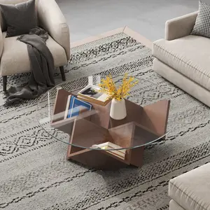 The Round Coffee Table with Glass Top and Geometric Abstract Art Deco Base Storage Shelves, Walnut, 35.4"