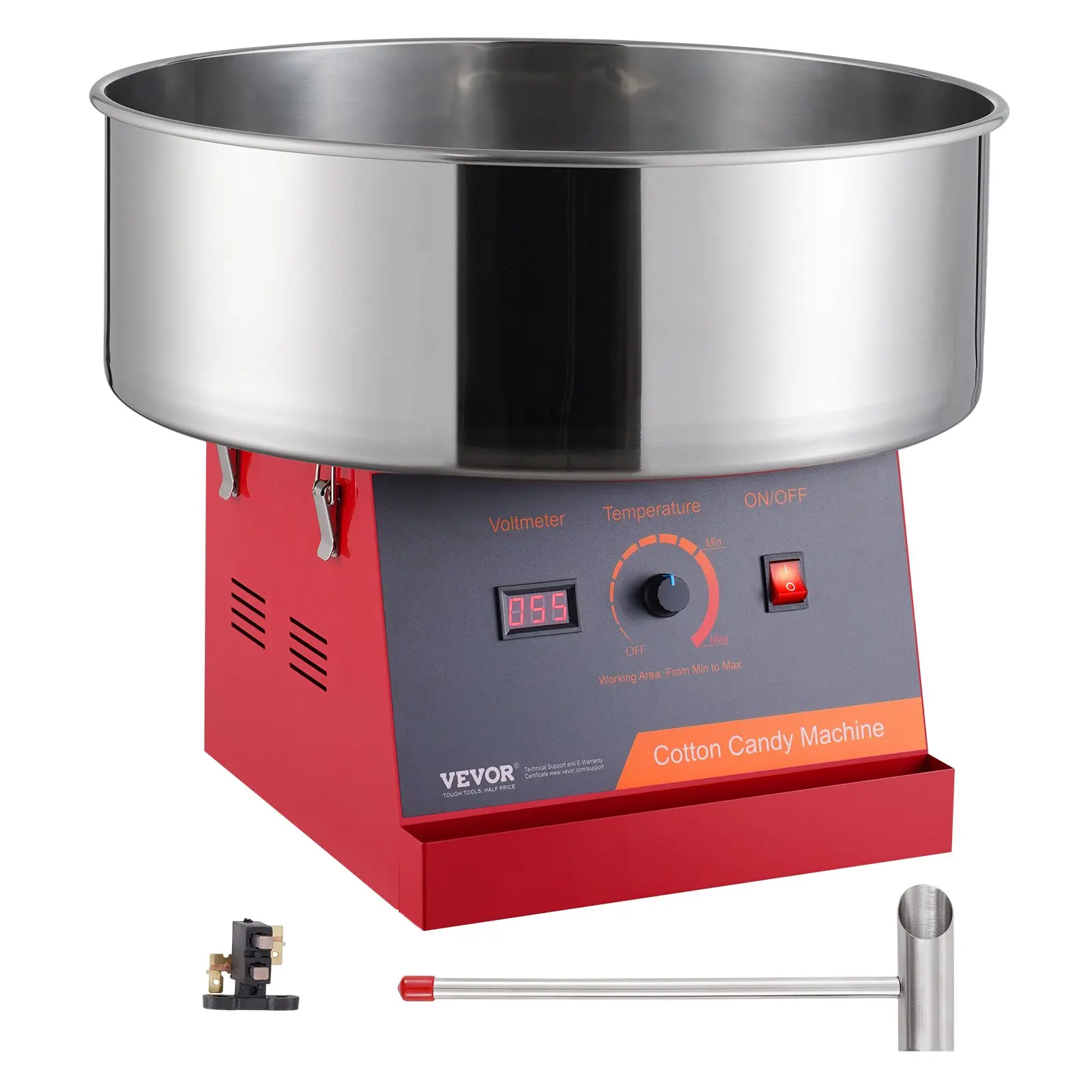 【Summerfinds】VEVOR 1000W Electric Cotton Candy Machine, Commercial Candy Floss Maker with Stainless Steel Bowl, Sugar Spoon & Temperature Ctrl, Compact Countertop Tool for Family Parties, Kids’ Home Birthdays (Red), Voltage Meter, 17 Lbs