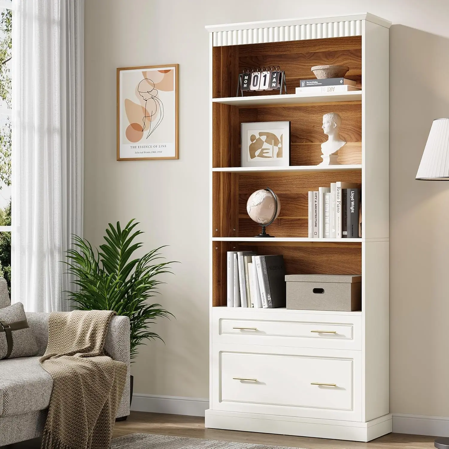 LITTLE TREE 5-Shelf Bookcase with File Cabinet Drawer, 72" Tall Bookshelf, Modern Free-Standing Wood Bookcase, Large Open Display Storage Book Shelf for Living Room