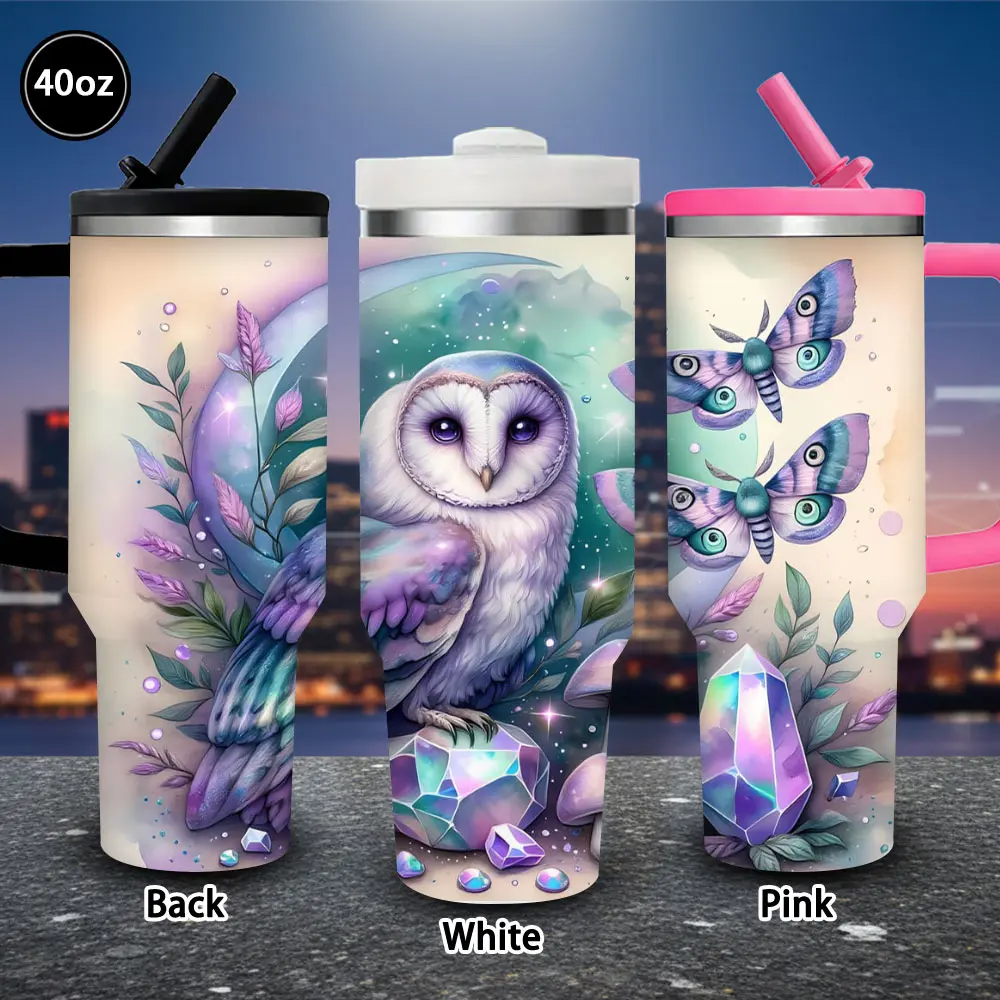 40 oz Insulated Travel Tumbler - 1 Pc Unique Owl & Crystals Vacuum Flask with Lid and Straw, Winter Kitchenware Drinkware, Ideal Birthday Gifts for Adult Women, Hot/Iced Coffee Mug