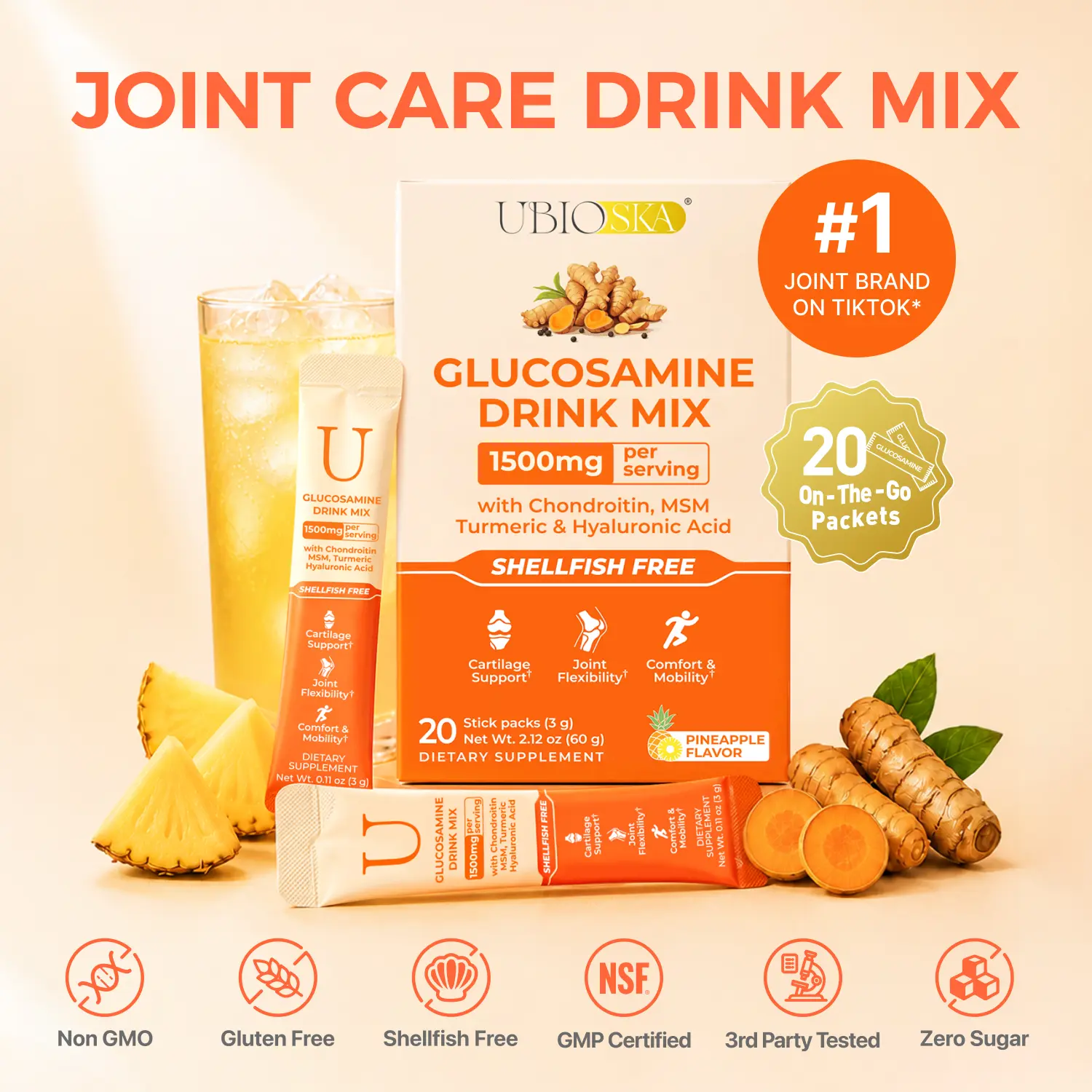 UBIOSKA Joint Support Dietary Drink Mix - 7-In-1 Wellness Solution, 1500mg Shellfish-Free Glucosamine, Chondroitin, MSM, Hyaluronic Acid, Turmeric, Ginger, BioPerine - Sugar-Free Pineapple Flavor for Cartilage Support, Arthritis Pain Relief