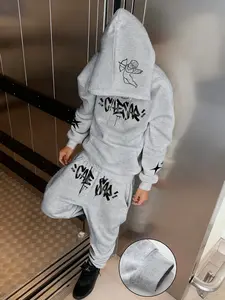 Men's Dark Style Print Hoodie Set, Street Trendsetter, Fitted Casual Wear, Fall & Winter Fashion, Eye-Catching Design