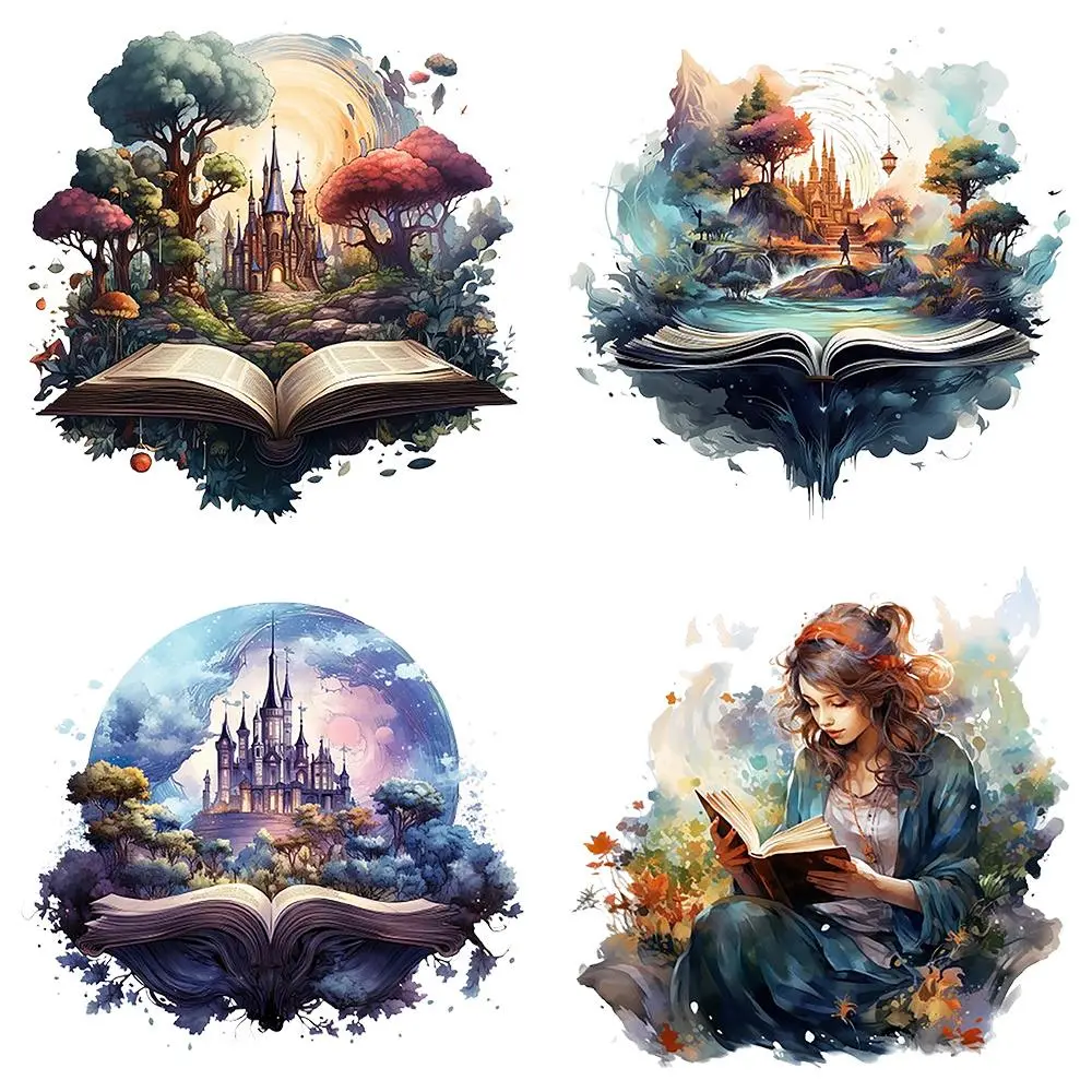 Fantasy Magic Book Pattern Iron-on Heat Transfer Sticker, 4 Counts/set Cartoon Patterns for DIY T-shirts and Backpacks, Enchanted Forest and Castle Designs