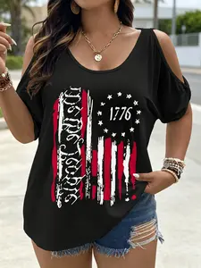 Plus-Size Women's Oversized Cold Shoulder Strapless T-Shirt - 1776 Patriotic American Flag Design, Retro Casual Summer Top with Asymmetrical Hem, Breathable Fabric for Daily Outfits & Independence Day Celebrations, American Flag Accessories women
