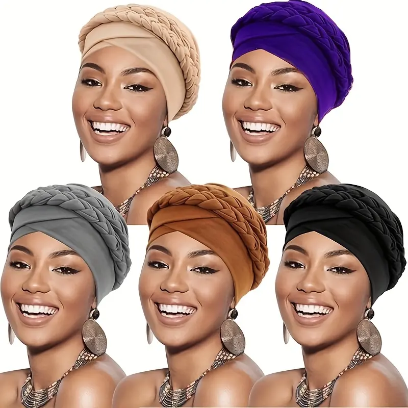 5pcs Double Braid Turban Caps for Women, Lightweight Elastic Fabric Head Wraps for All Seasons, Gentle Scalp Care & Chemo Hair Loss, Chemo Patients, Female