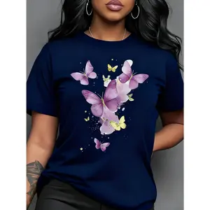 100% cotton, available in multiple colors - round neck short sleeve top, machine washable and breathable, suitable for spring and summer daily wear, light-colored butterfly shirt, fashionable seasonal design, soft fabric T-shirt