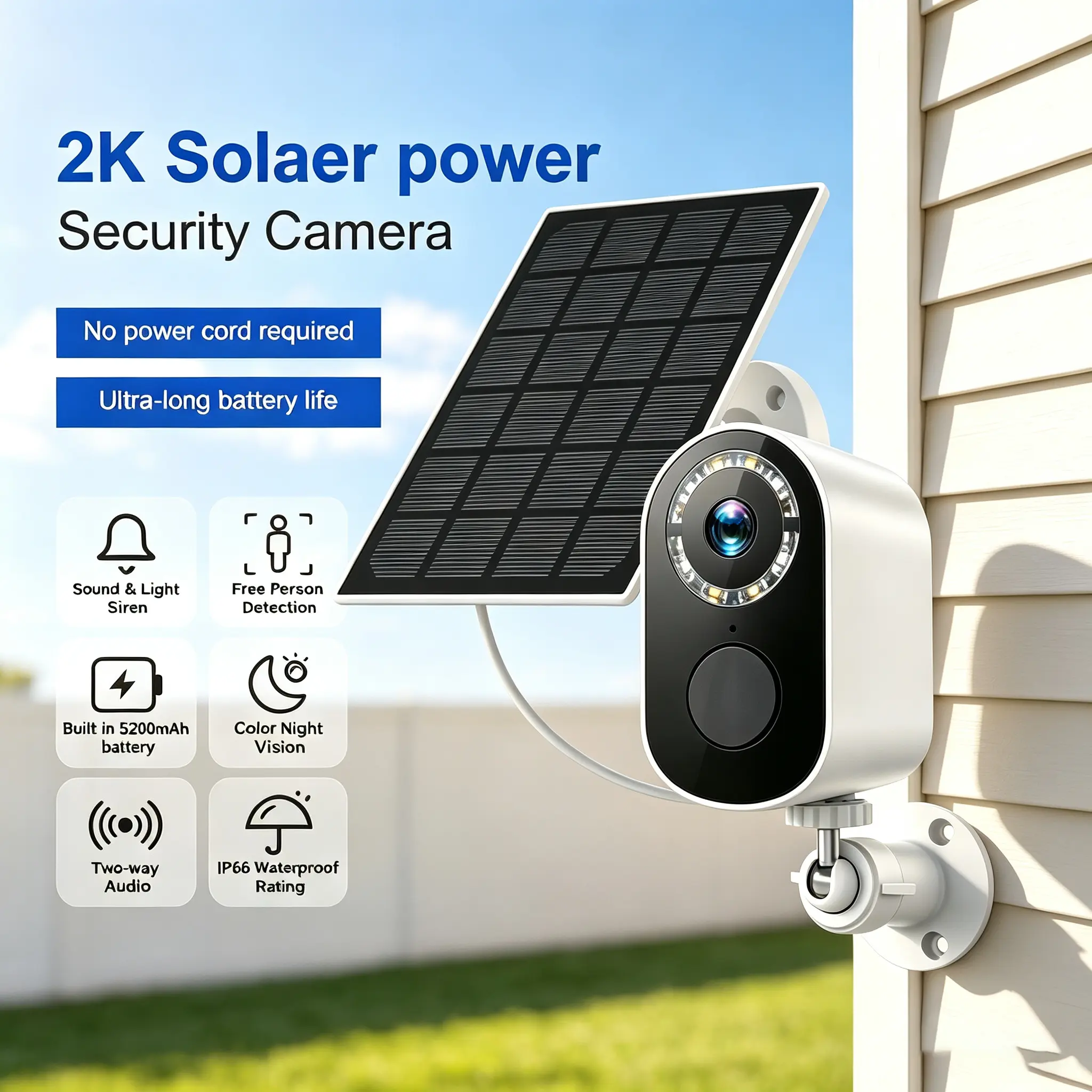 Solar Powered 2K Outdoor Camera, camera securityIP66 Waterproof, 2.4GHz WiFi Color Night Vision, AI Motion Detection Two-Way Audio, App Remote for Home/Yard/Office Monitoring Rechargeable Protection Durable, Wireless