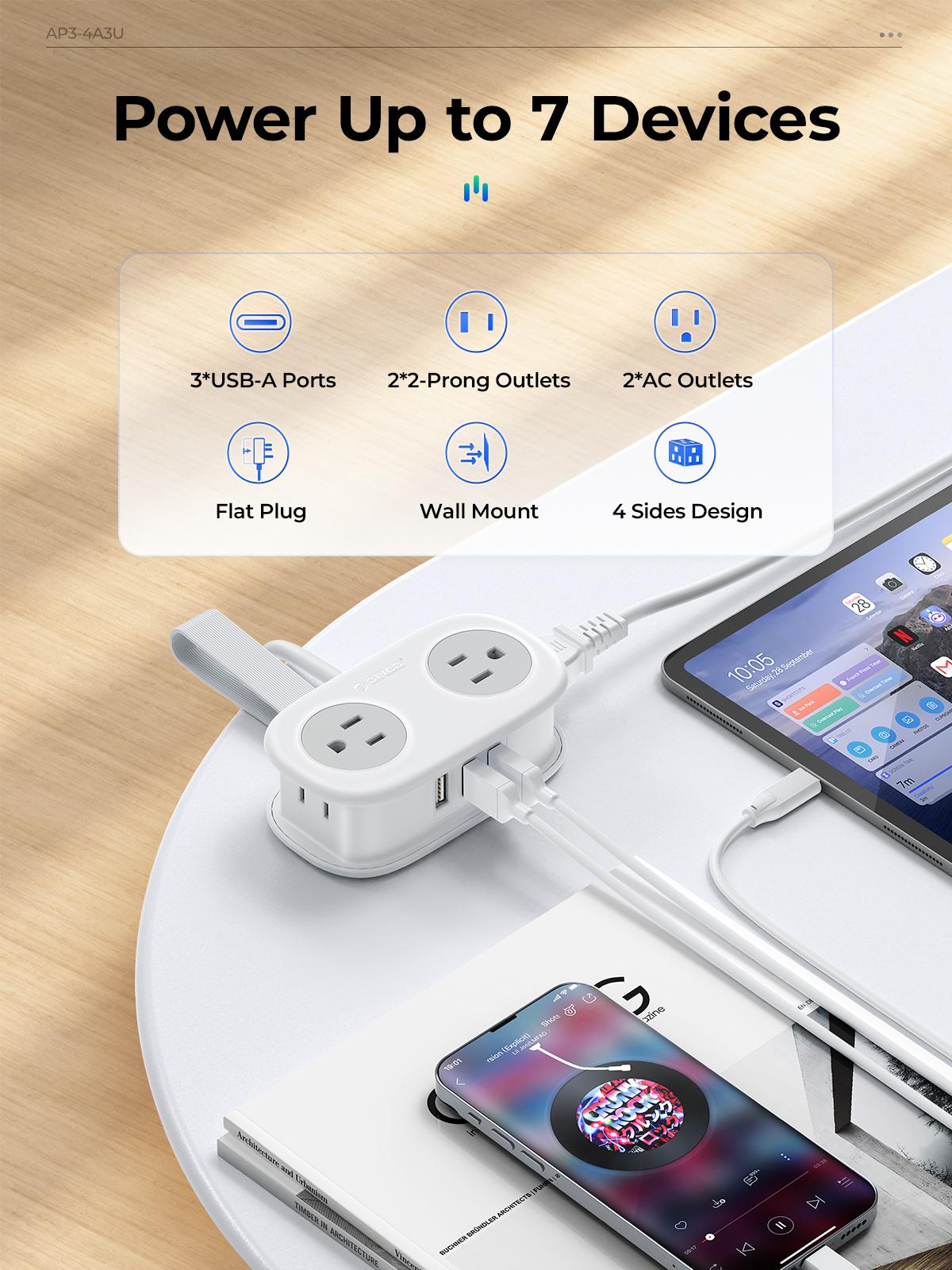 Travel Power Strip, ORICO 4 Outlets 3 USB Ports (1 USB C) with 4FT Wrapped Short Extension Cord Small Power Strip, Compact for Hotel Travel Essentials Cruise Approved