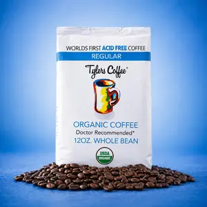 [Mother's Day Special] Tyler's Coffee Organic Regular Whole Bean 12oz Bag - World's First Acid-Free Coffee USDA Certified AAA Arabica Beans Natural Taffy Flavor