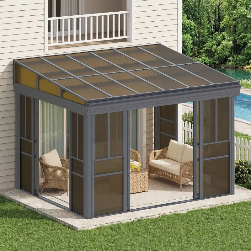 9.5x11.8FT Wall Mounted Sunroom Kit with Lockable Sliding Doors, Adjustable Polycarbonate Windows, Outdoor Solarium for Patio, Garden & Deck, Gray/Brown