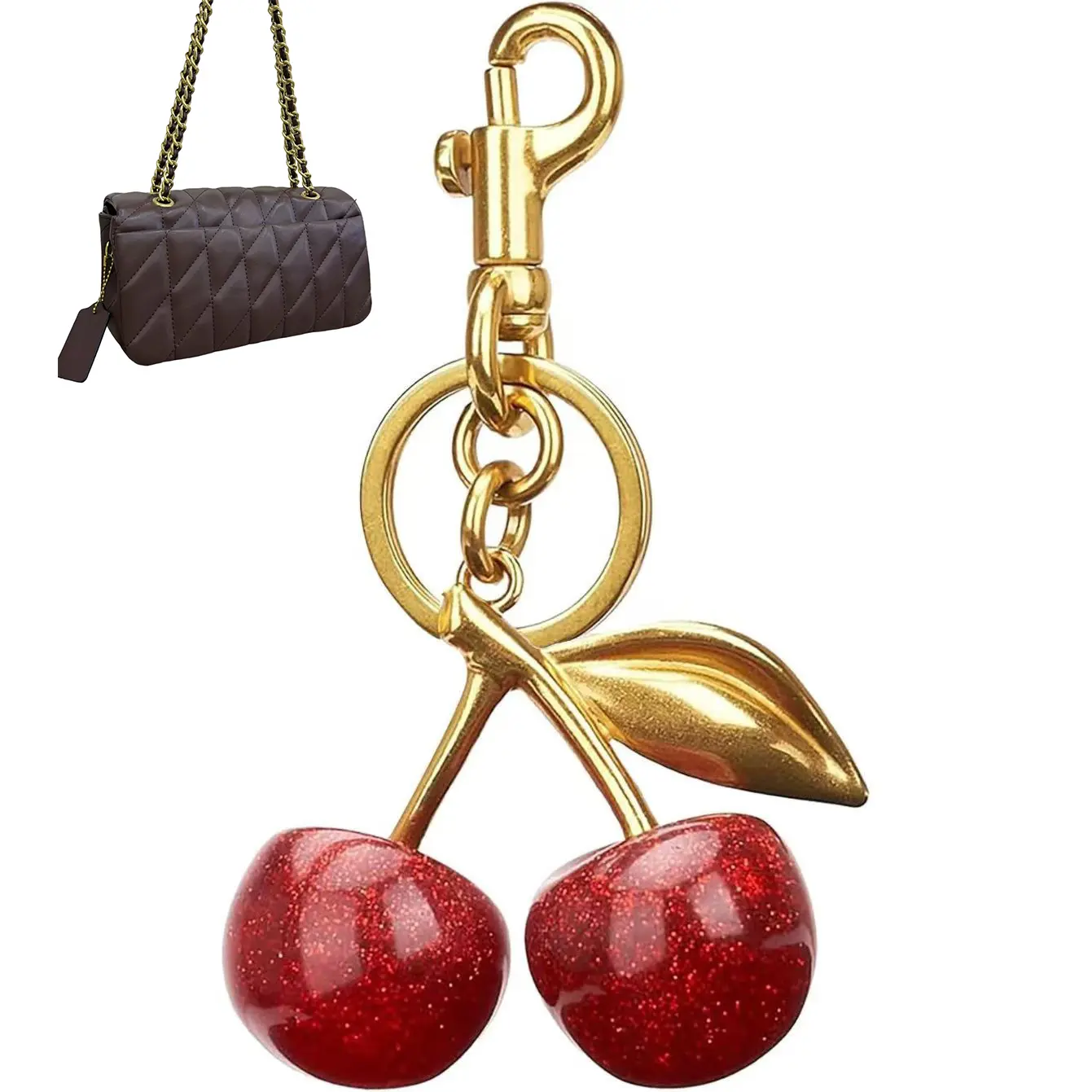 Kawaii Cherry Keychain Bag Charm, Gold-Toned Stylish Keyring for Women, 2-in-1 Key Holder for Purse with Matching Wallet Pouch, Keychain Charms, Gift Ideas, Kawaii Accessories, Split Ring, Lobster Clasp, Dual Function