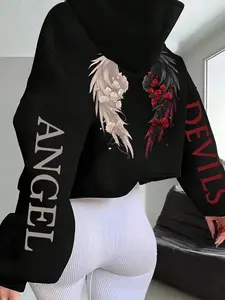 Women's Kangaroo Pocket Hoodie Long Sleeve with Angel and Devil Wings Graphic Print, Drawstring Shoulder Adjustable Design for Comfortable Casual Wear, Perfect for Autumn Layering, Sweatshirts