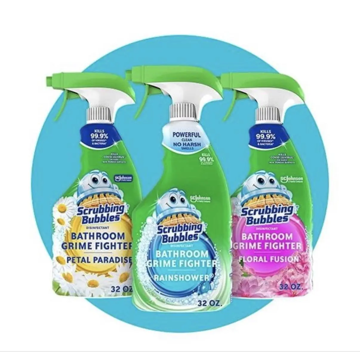 Scrubbing Bubbles Bathroom Grime Fighter 32 oz. Petal Paradise, Rainshower, Floral Fusion Disinfectant Spray