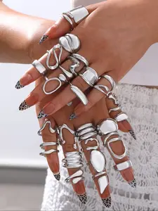 Women's Silver Color Wide Open Stackable Set, Exaggerated Design, Fashion Jewelry for Daily Wear, Parties, Weddings, Christmas Gifts, Statement Multi Ring