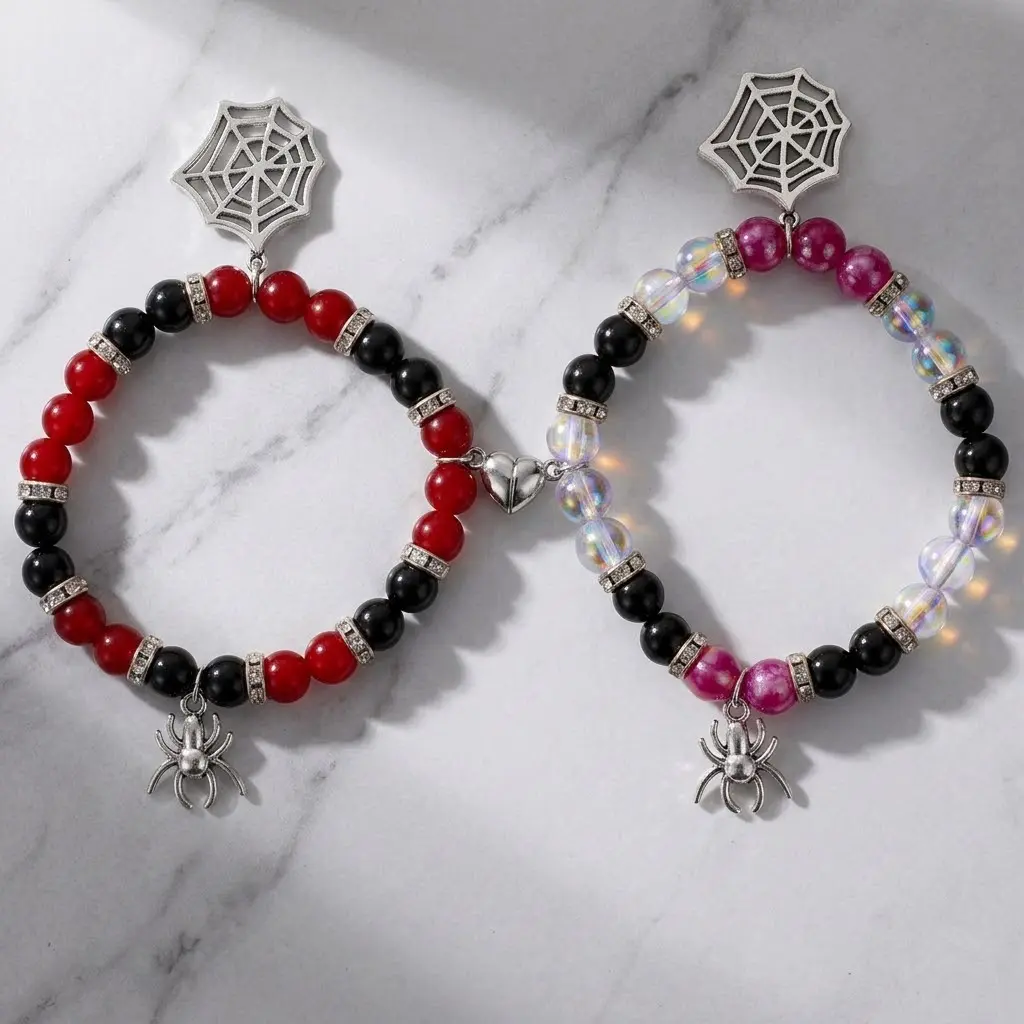 TMANI Heart Magnetic Steel Crystal Charm Bracelets - Y2K Gothic Spider Web Beaded Bracelets for Women, GF Gift, Cute Gifts for BF, Unique Cool Couple Accessories