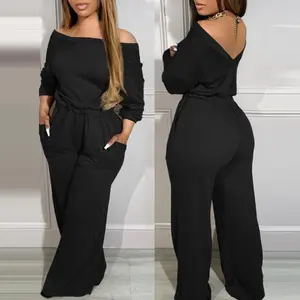 Women’s Colorblock Off-Shoulder Long-Sleeve Jumpsuit V-Back Stretch Waist Pocket Design Romper Casual Elegance