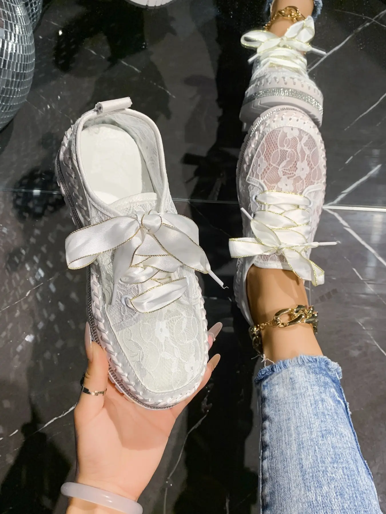 French Style Lace Mesh Ribbon Shoes, Casual Trainer Footwear, Breathable Rhinestone Thick Sole Sneakers, Fashion Floral Embroidery, All Season Comfort, Breathable Casual Trainers, Thick Soled Shoes