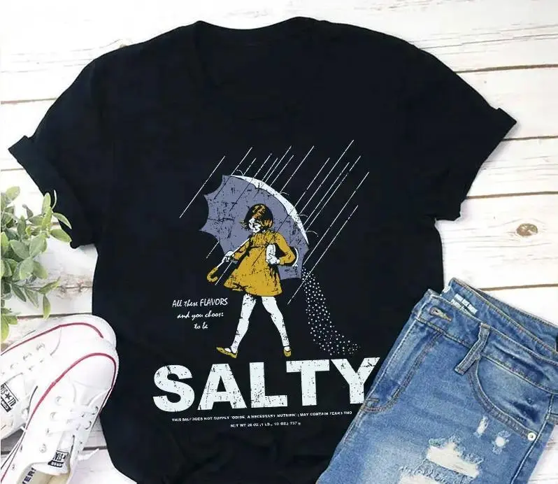 Salty Morton Salt Girl T-Shirt | Funny All These Flavors And You Choose To Be Salty Graphic Tee | Vintage Retro Salt Girl Print Shirt | Salty Meme Gift for Women | Unisex Streetwear Casual Top