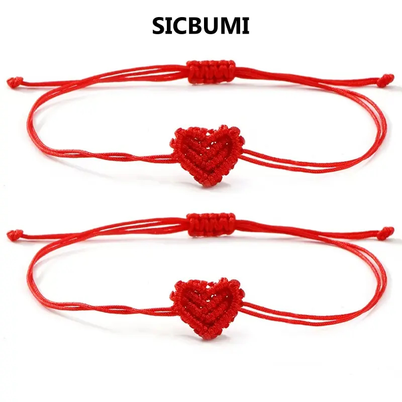 SICBUMI 2PCS Adjustable Heart-Shaped Luck Strings Bracelet for Women Men, Braided Couple Bracelets Set, Nylon Handmade Knots Bracelet Trendy Jewelry for Men and Women, Ideal for Birthdays, Weddings and Anniversaries