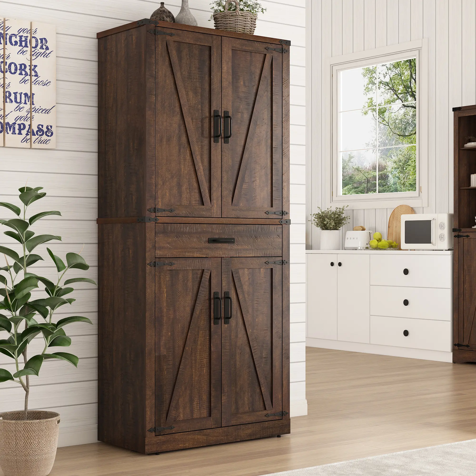 72" Rustic Farmhouse Wooden Vertical Storage Unit - Durable High Capacity Large Storage Floor Cabinet with 4 Barn Doors, 1 Drawer for Kitchen, Dining Room (White), Large Storage Floor Cabinets
