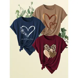 3-pack women’s heart-print short-sleeve crew-neck T-shirts; casual polyester tops; spring/summer knit pullover fabric; batwing camel, navy, burgundy streetwear fitted short-sleeve collared T-shirt