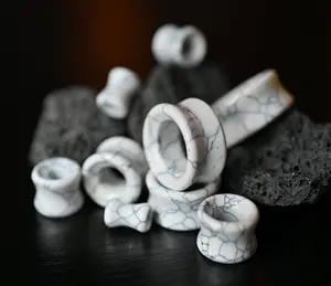 PAIR of Beautiful White Synthetic Turquoise Stone Stone Double Flare Tunnels/Plugs - Gauges 2g (6mm) to 1" (25mm)