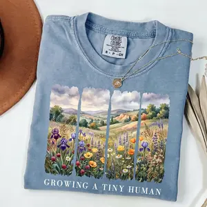 Growing A Tiny Human Pregnancy Shirt | Comfort Colors Blue Jean Maternity Tee | Aesthetic Wildflower Pregnancy Reveal | New Mom Gift