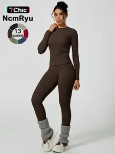 Two-Piece Set Women's Patchwork High Elastic Soft Round Neck Flat Shoulder Long Sleeve Slim Fit Beautiful Hip Tight Pants Yoga Clothes suit Workout Running Clothes Four Seasons Outdoor Running Cycling Hiking Walking Shopping Fashion suit Gym