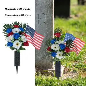 Memorial Day Flowers for Cemetery: 2 Pcs Outdoor Grave Decorations - Artificial Patriotic Cemetery Flowers for Grave - Red White Blue Roses with American Flags Vase for Veterans